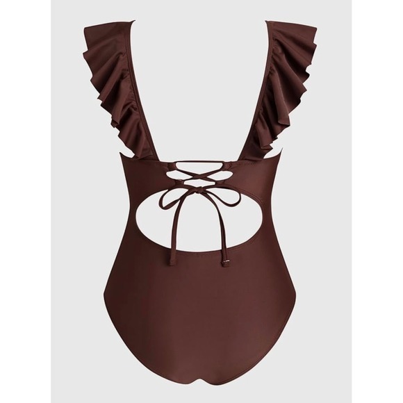 NEW Cupshe Brown Ruffle Large Lace Up Back Tummy Control One Piece Swimsuit - Picture 8 of 10